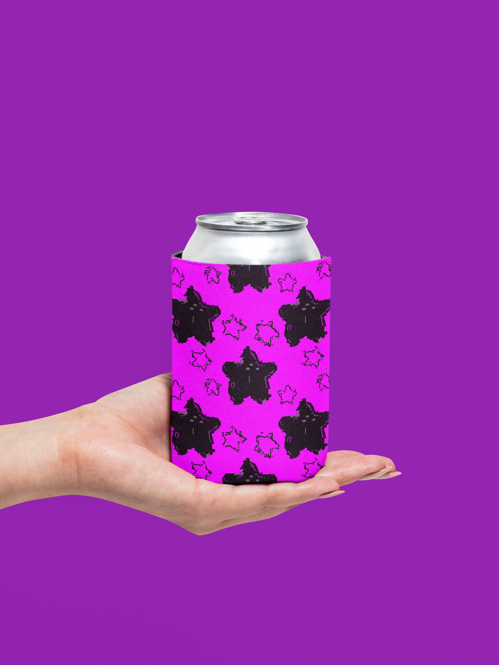 „Schwarz-Pink Sternenhimmel Stubby Cooler – Ästhetischer Neopren-Getränkehalter (Leicht & Stylisch)”