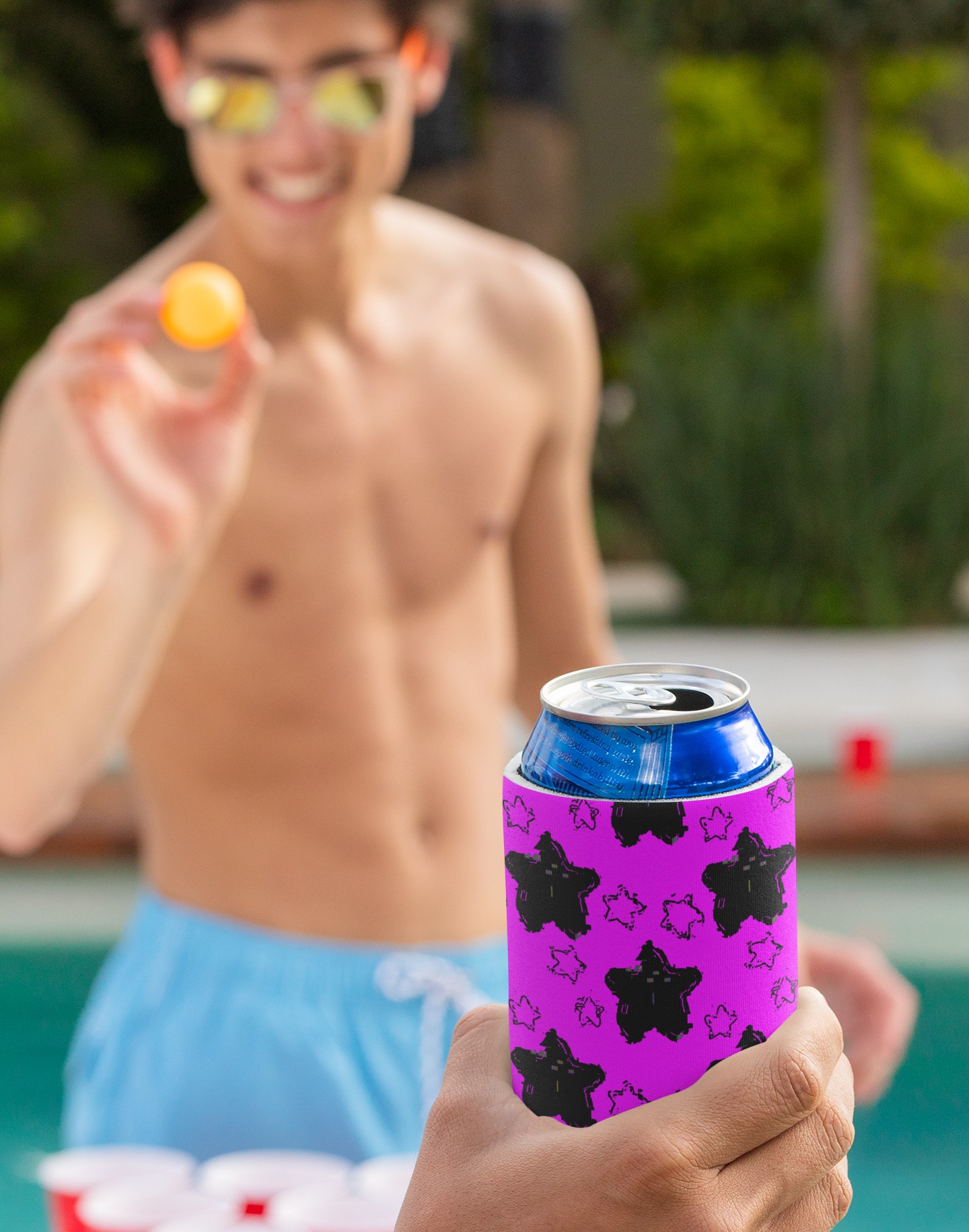 „Schwarz-Pink Sternenhimmel Stubby Cooler – Ästhetischer Neopren-Getränkehalter (Leicht & Stylisch)”