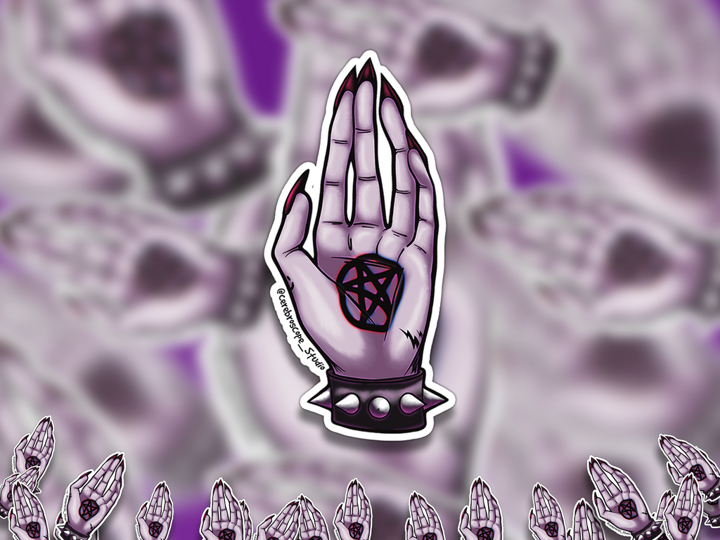 Alternate mockup 2: Pale lavender hand with pointed nails, a dark pentagram marking on the palm and a black spiked wrist cuff.