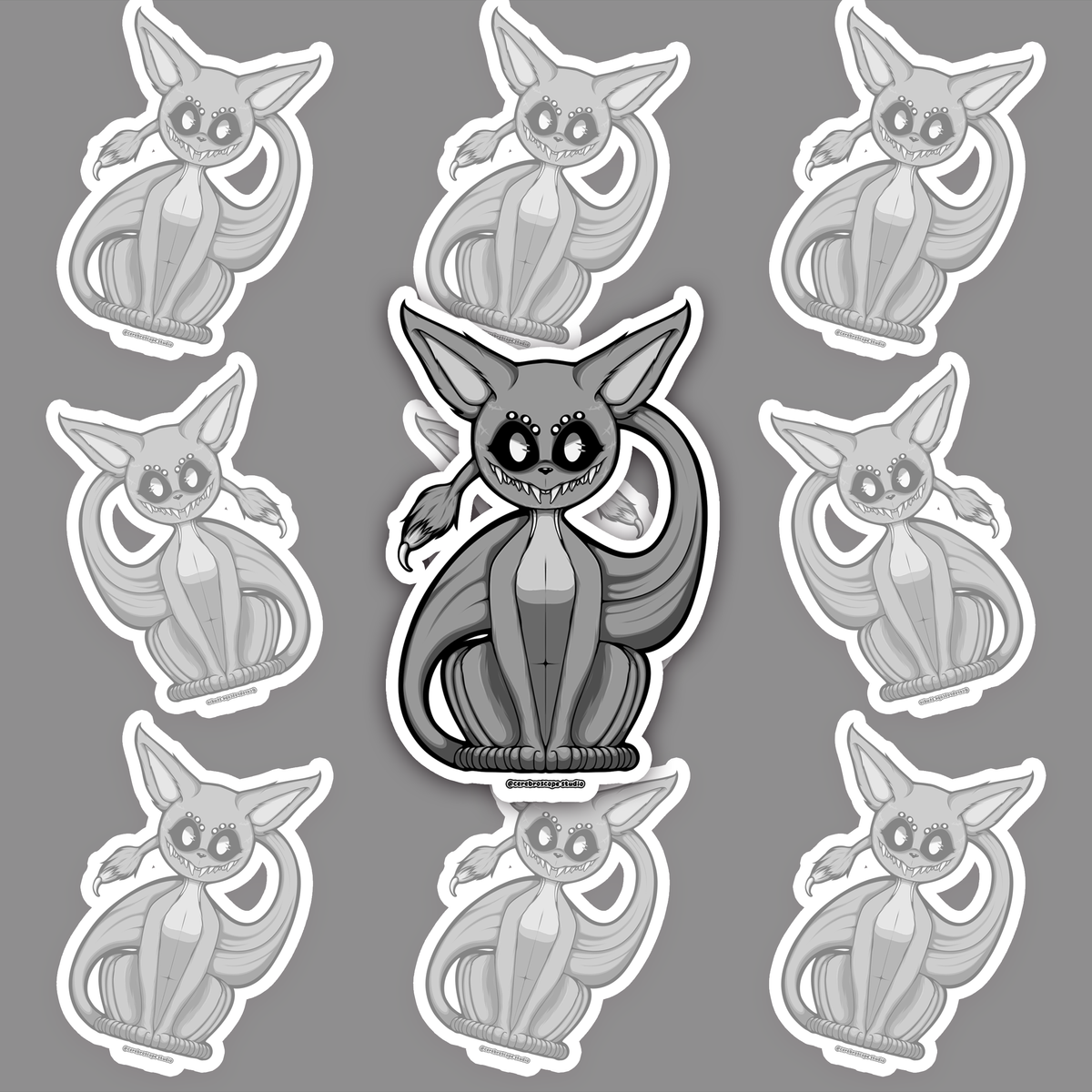Grey demon familiar with large pointed ears, dark eyes, sharp teeth, a long curled tail and three pairs of hind legs.