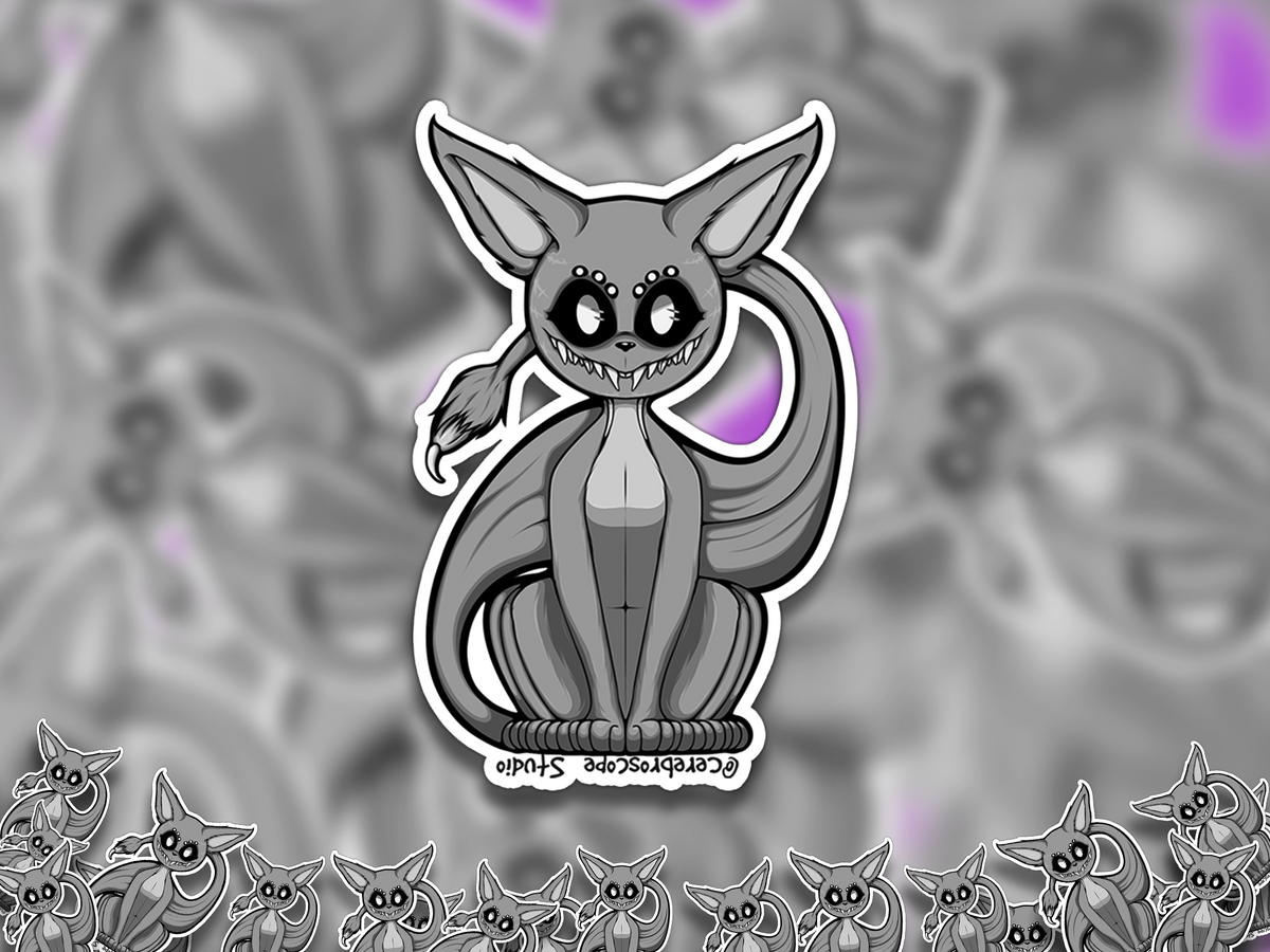 Alternate mockup 2: Grey demon familiar with large pointed ears, dark eyes, sharp teeth, a long curled tail and three pairs of hind legs.