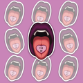 Open vampire mouth with purple lips, white fangs and a pink heart candy on the tongue reading FCK ICE.