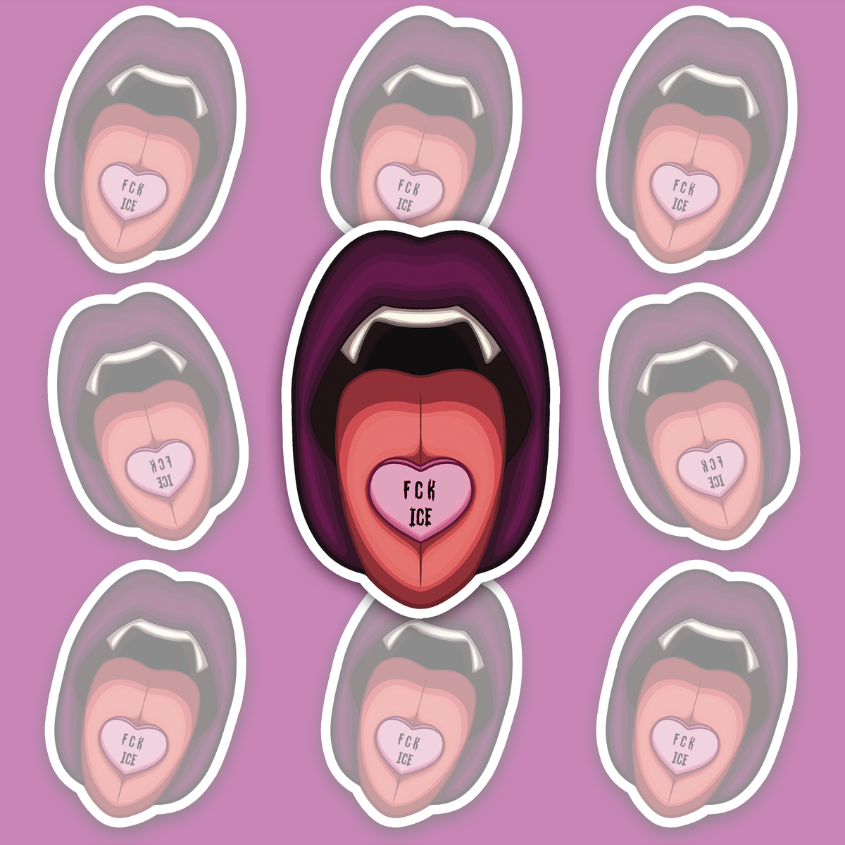 Open vampire mouth with purple lips, white fangs and a pink heart candy on the tongue reading FCK ICE.