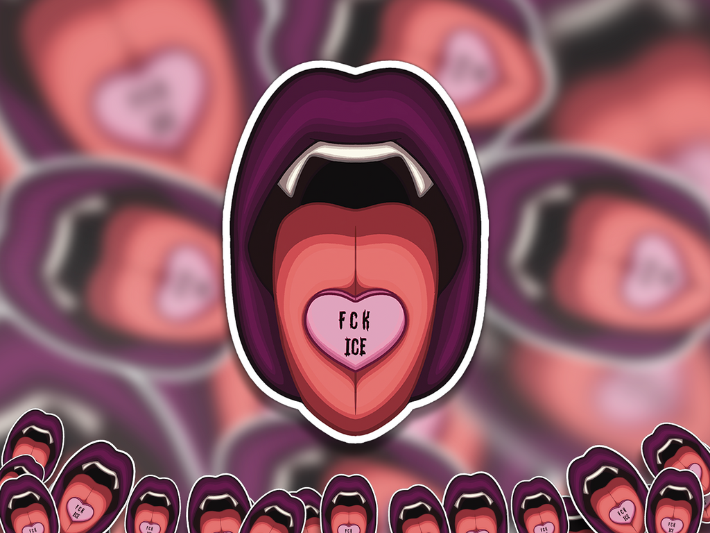 Alternate mockup 2: Open vampire mouth with purple lips, white fangs and a pink heart candy on the tongue reading FCK ICE.