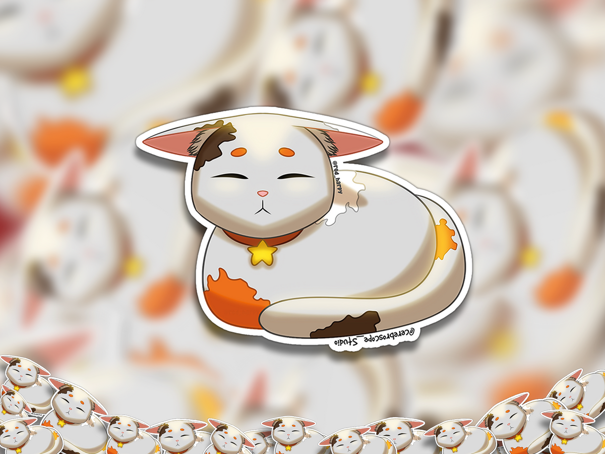 Alternate mockup 2: Seated calico cat with orange, black and cream fur patches, a curled tail and a collar with a star-shaped pendant.