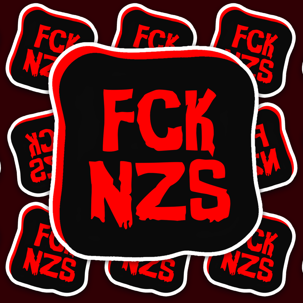 Black sticker with a red border and distressed red text reading FCK NZS.