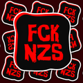 Black sticker with a red border and distressed red text reading FCK NZS.