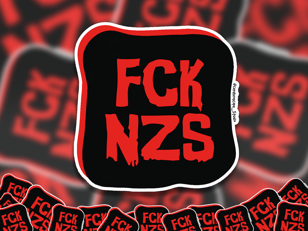 Alternate mockup 2: Black sticker with a red border and distressed red text reading FCK NZS.