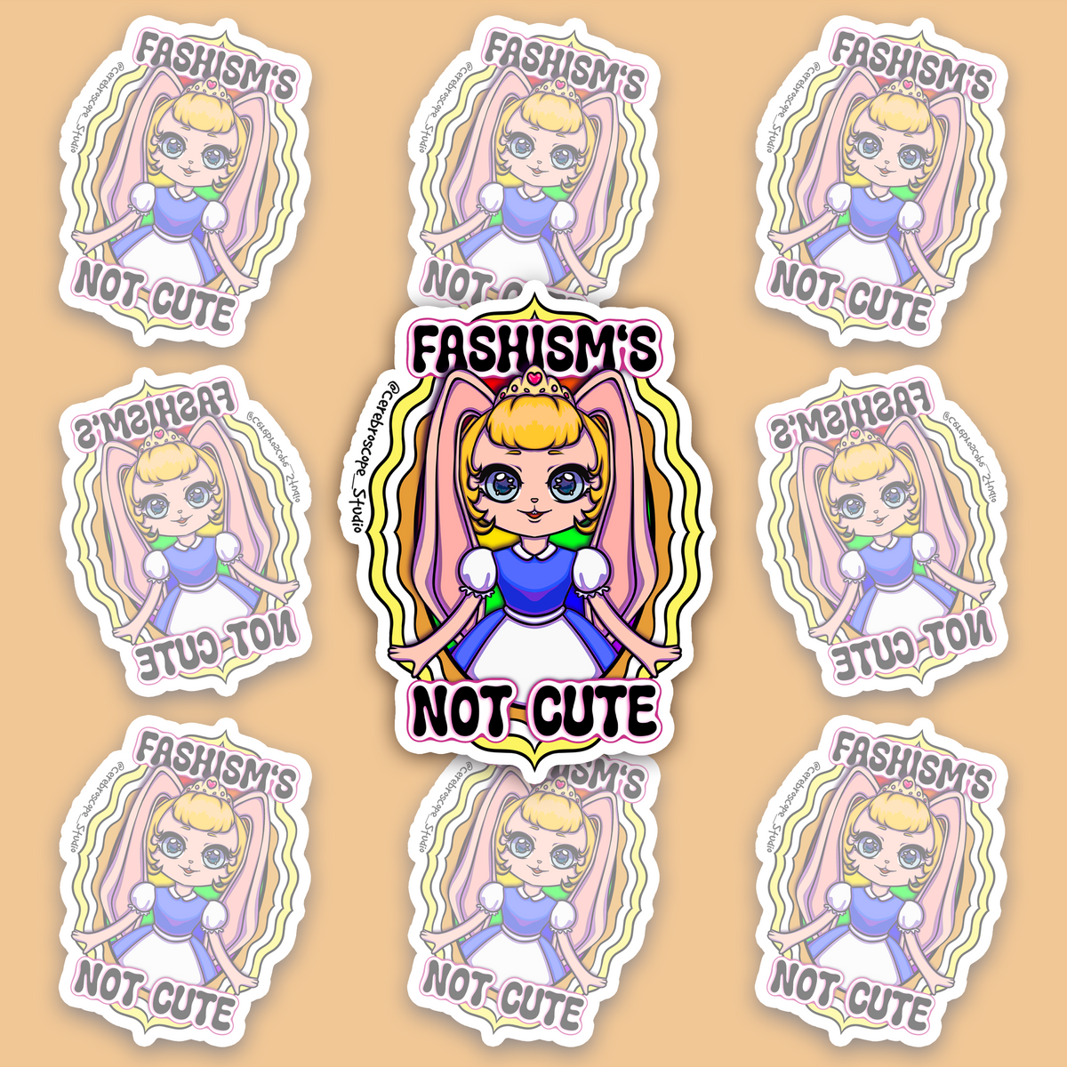 Pastel fantasy character with blonde hair, large pink ears and the words Fascism’s Not Cute.