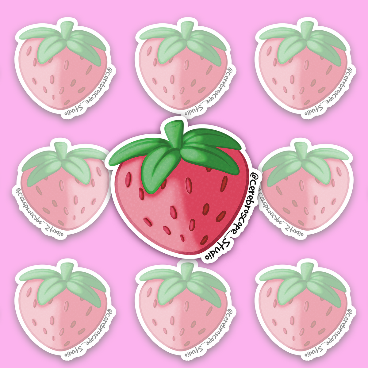 Large red strawberry with green leaves, visible seeds and soft illustrated shading.