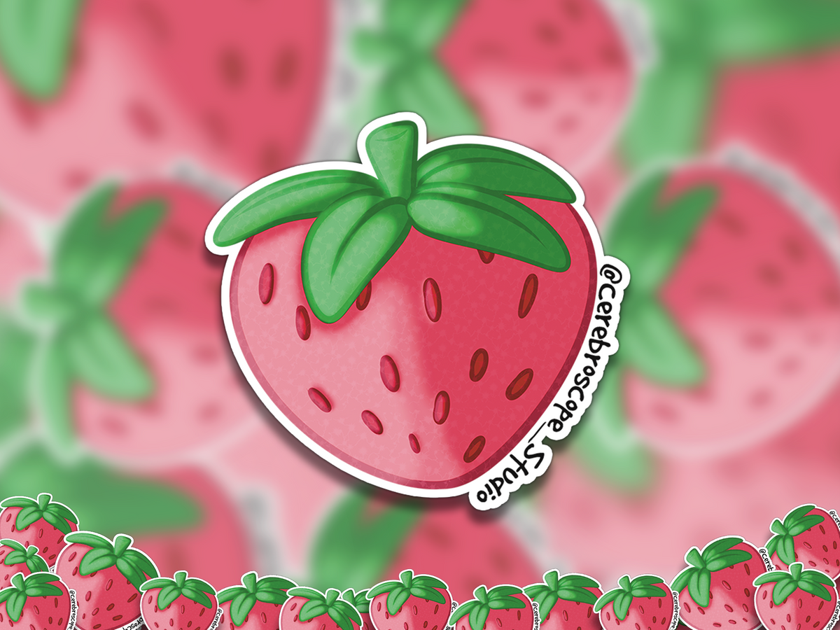 Alternate mockup 2: Large red strawberry with green leaves, visible seeds and soft illustrated shading.