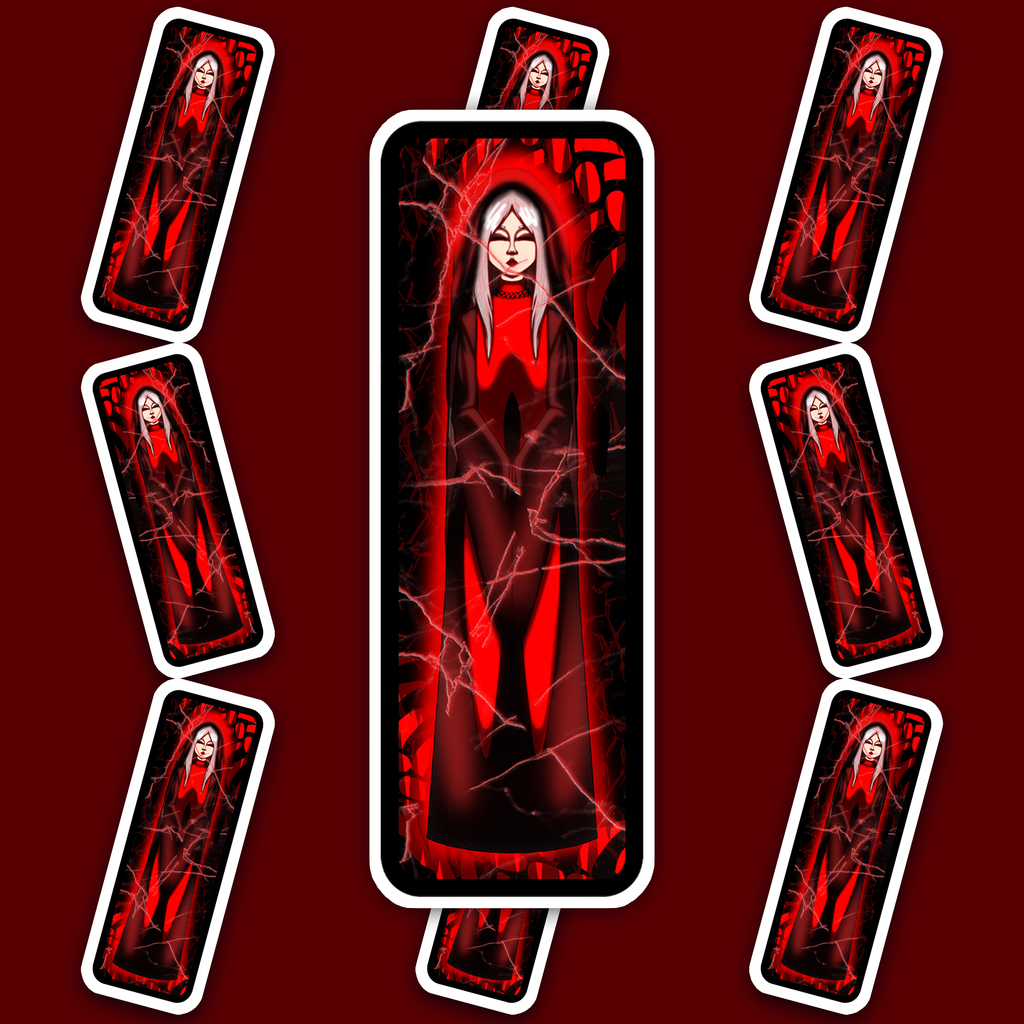 Gothic nun-like figure in black and red clothing behind a cracked-glass effect on a dark red background.