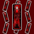 Gothic nun-like figure in black and red clothing behind a cracked-glass effect on a dark red background.