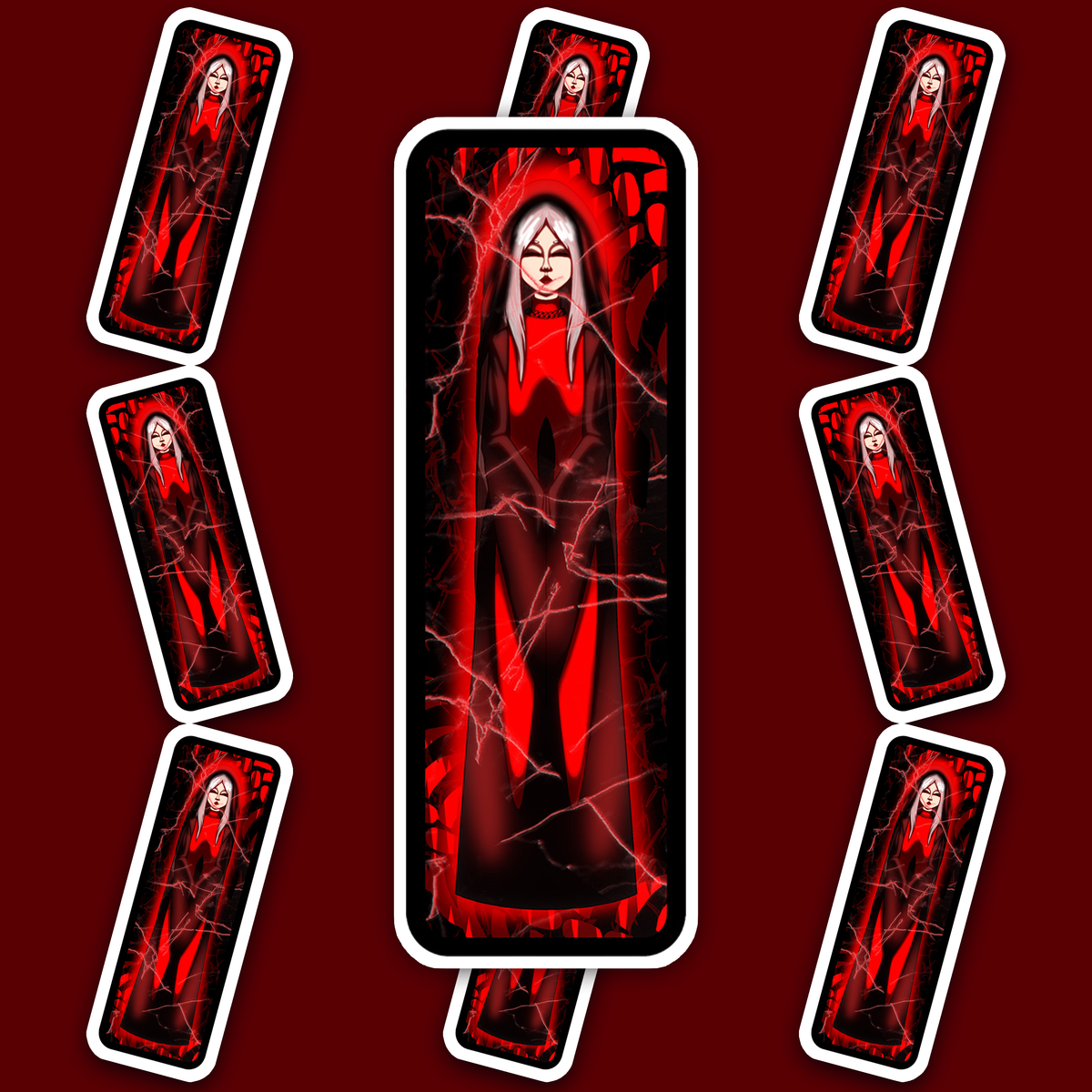 Gothic nun-like figure in black and red clothing behind a cracked-glass effect on a dark red background.