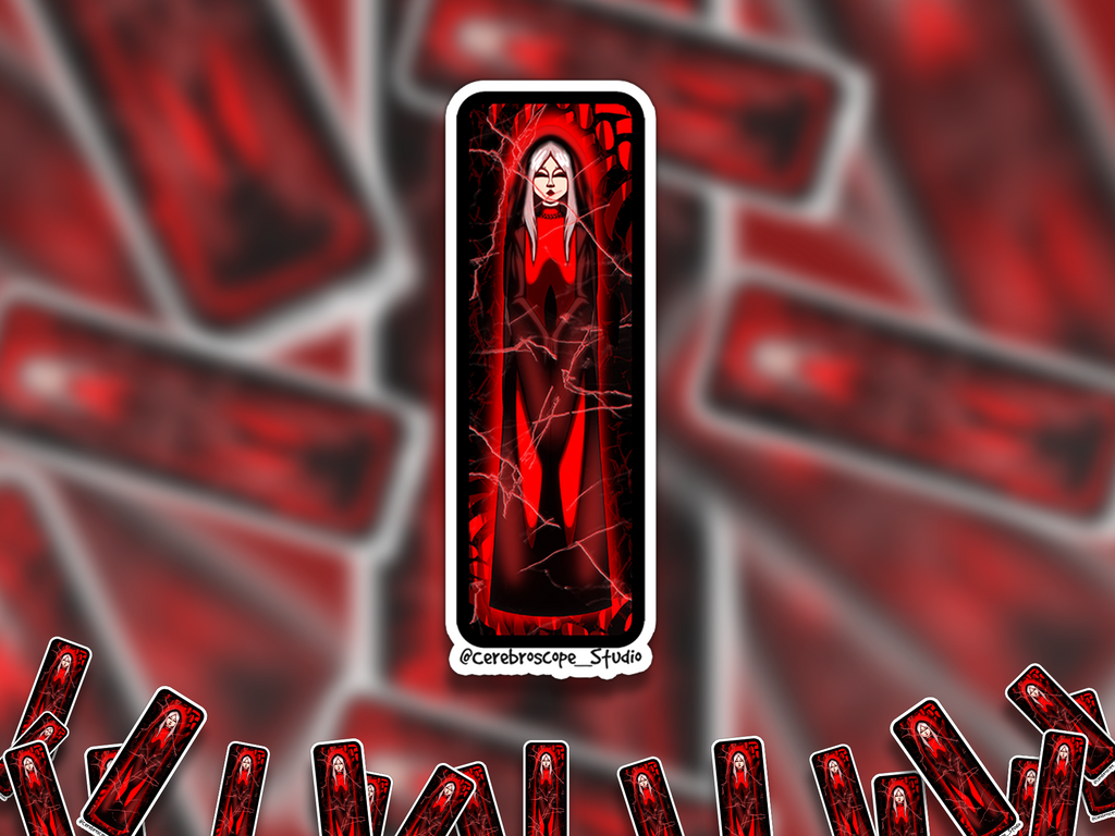 Alternate mockup 2: Gothic nun-like figure in black and red clothing behind a cracked-glass effect on a dark red background.