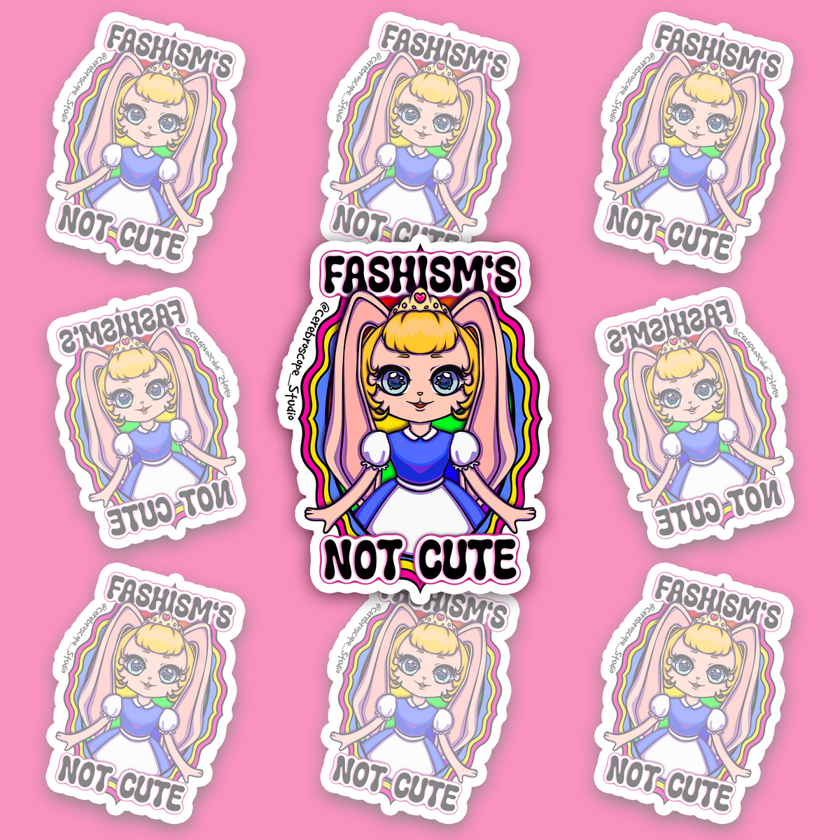 Pastel fantasy character with large pink ears surrounded by pink, yellow and blue Pansexual Pride colors and the words Fascism’s Not Cute.