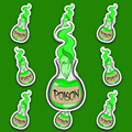 Round glass bottle filled with bright green liquid, a handwritten POISON label and twisting green vapor rising from the neck.