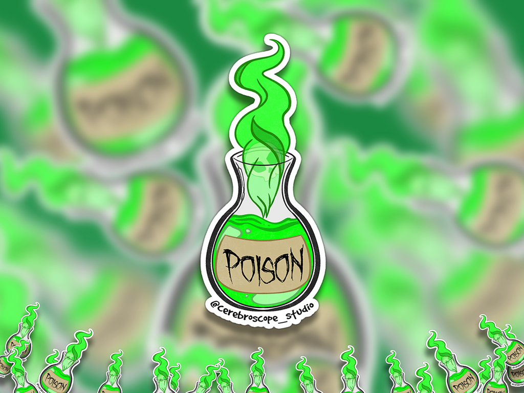 Alternate mockup 2: Round glass bottle filled with bright green liquid, a handwritten POISON label and twisting green vapor rising from the neck.
