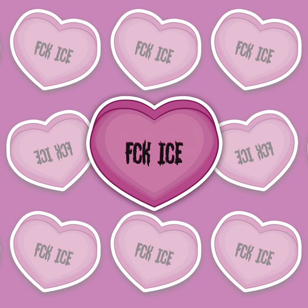 Pink conversation-heart style candy with distressed black text reading FCK ICE.