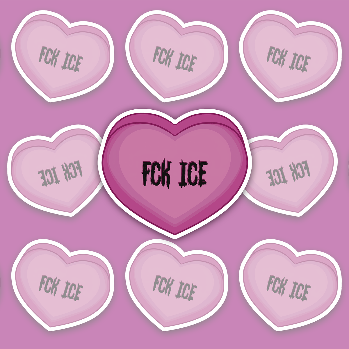 Pink conversation-heart style candy with distressed black text reading FCK ICE.