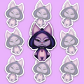Lilac eldritch bat mascot with oversized pointed ears, one pair of narrow eyes, sharp teeth, a dark hooded cape and a pendant.