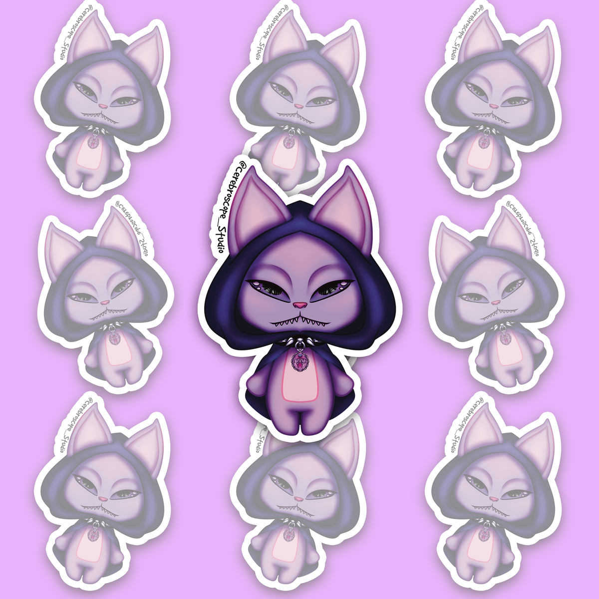 Lilac eldritch bat mascot with oversized pointed ears, one pair of narrow eyes, sharp teeth, a dark hooded cape and a pendant.