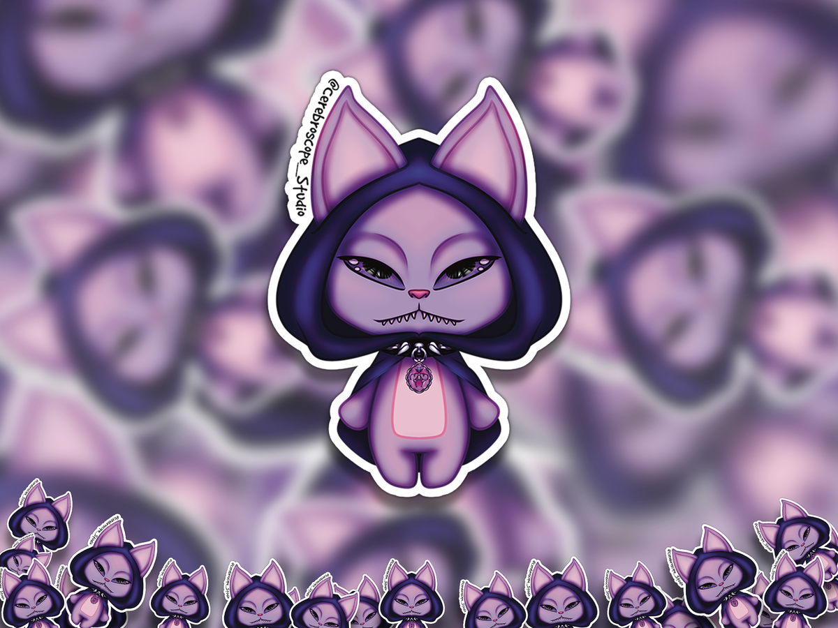 Alternate mockup 2: Lilac eldritch bat mascot with oversized pointed ears, one pair of narrow eyes, sharp teeth, a dark hooded cape and a pendant.
