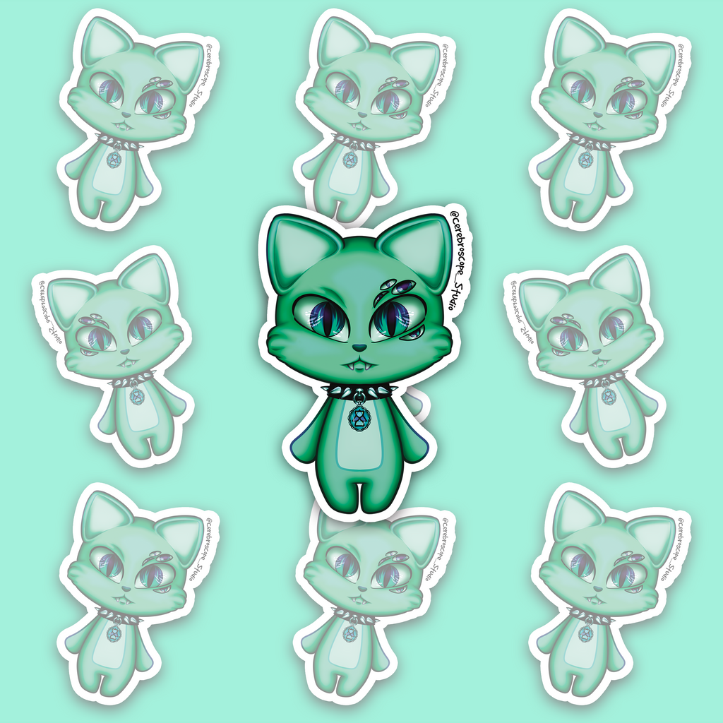Mint-green eldritch cat mascot with large iridescent eyes, several smaller eyes, tiny fangs, a spiked collar and blue pendant.
