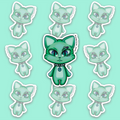 Mint-green eldritch cat mascot with large iridescent eyes, several smaller eyes, tiny fangs, a spiked collar and blue pendant.