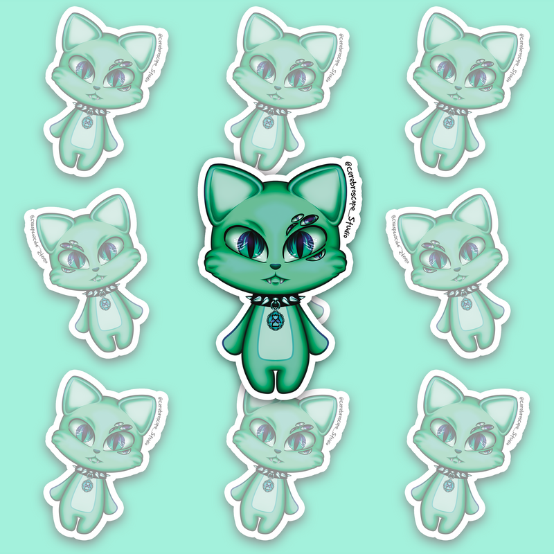 Mint-green eldritch cat mascot with large iridescent eyes, several smaller eyes, tiny fangs, a spiked collar and blue pendant.