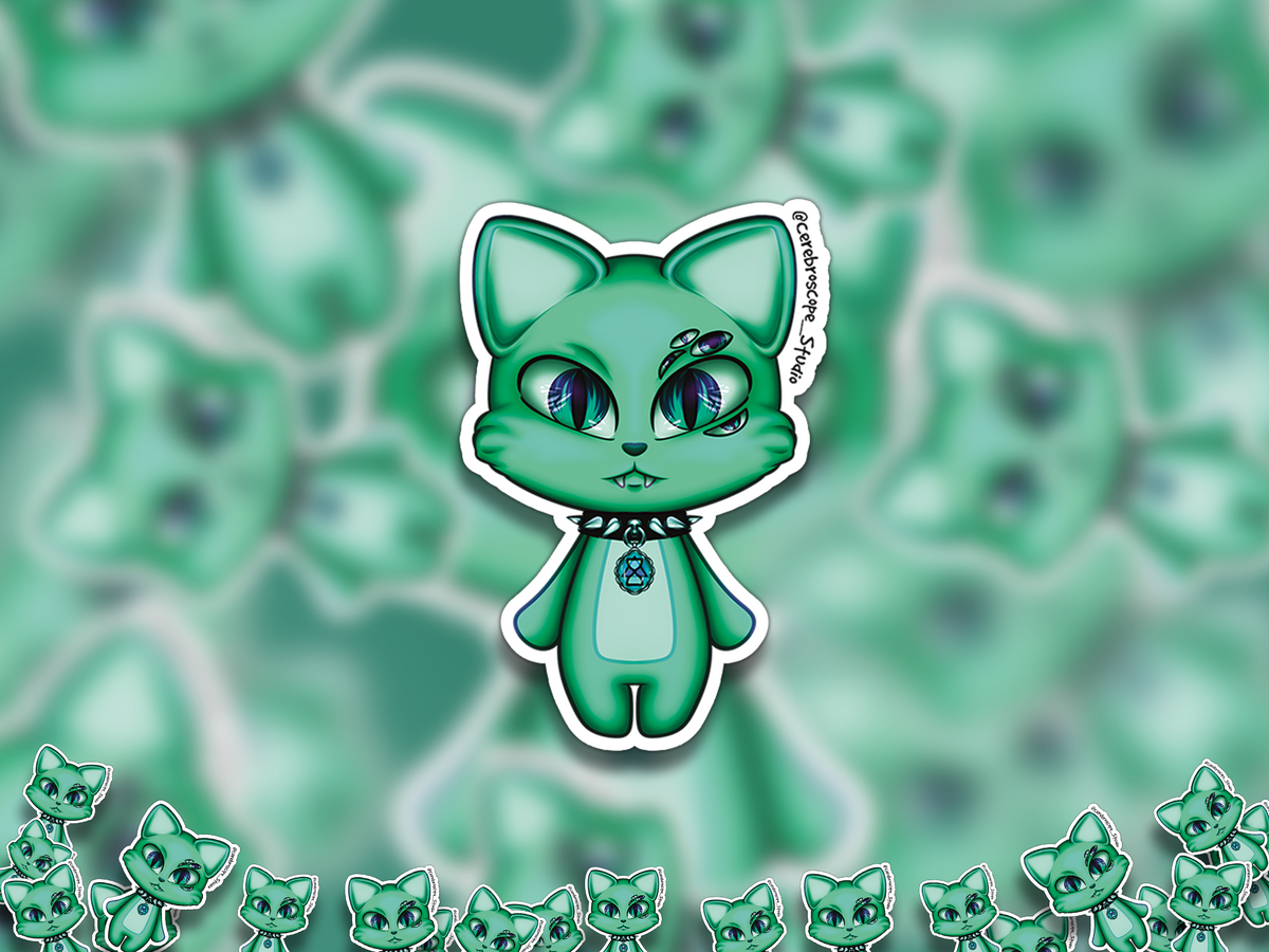 Alternate mockup 2: Mint-green eldritch cat mascot with large iridescent eyes, several smaller eyes, tiny fangs, a spiked collar and blue pendant.