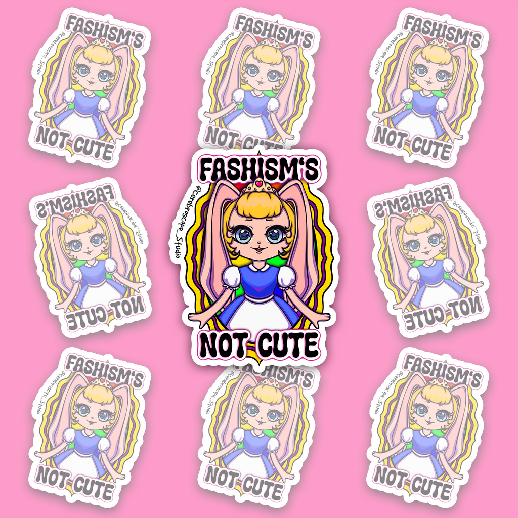 Pastel fantasy character framed by yellow and purple Intersex Pride colors with the words Fascism’s Not Cute.