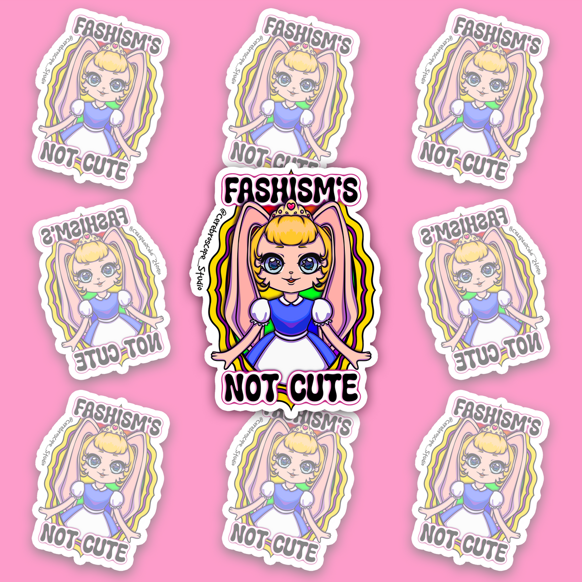 Pastel fantasy character framed by yellow and purple Intersex Pride colors with the words Fascism’s Not Cute.