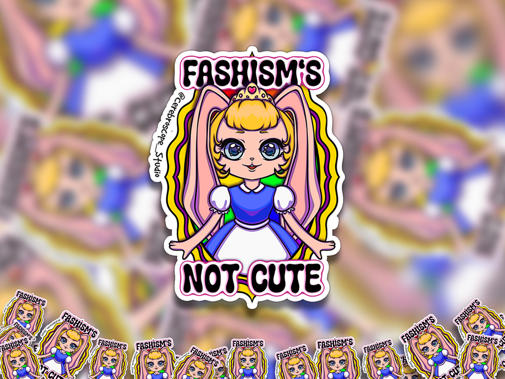 Alternate mockup 2: Pastel fantasy character framed by yellow and purple Intersex Pride colors with the words Fascism’s Not Cute.