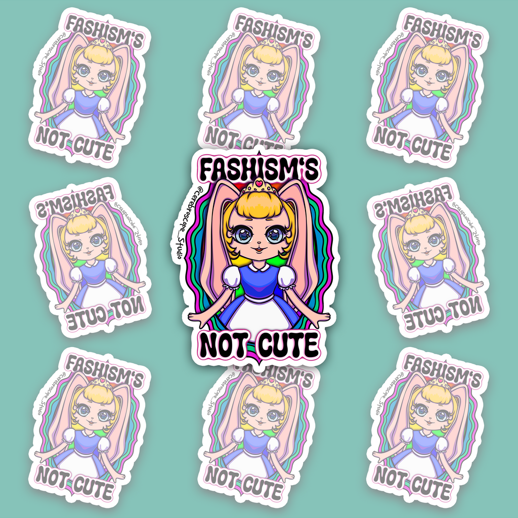 Pastel fantasy character framed by pink, green and blue Polysexual Pride colors with the words Fascism’s Not Cute.