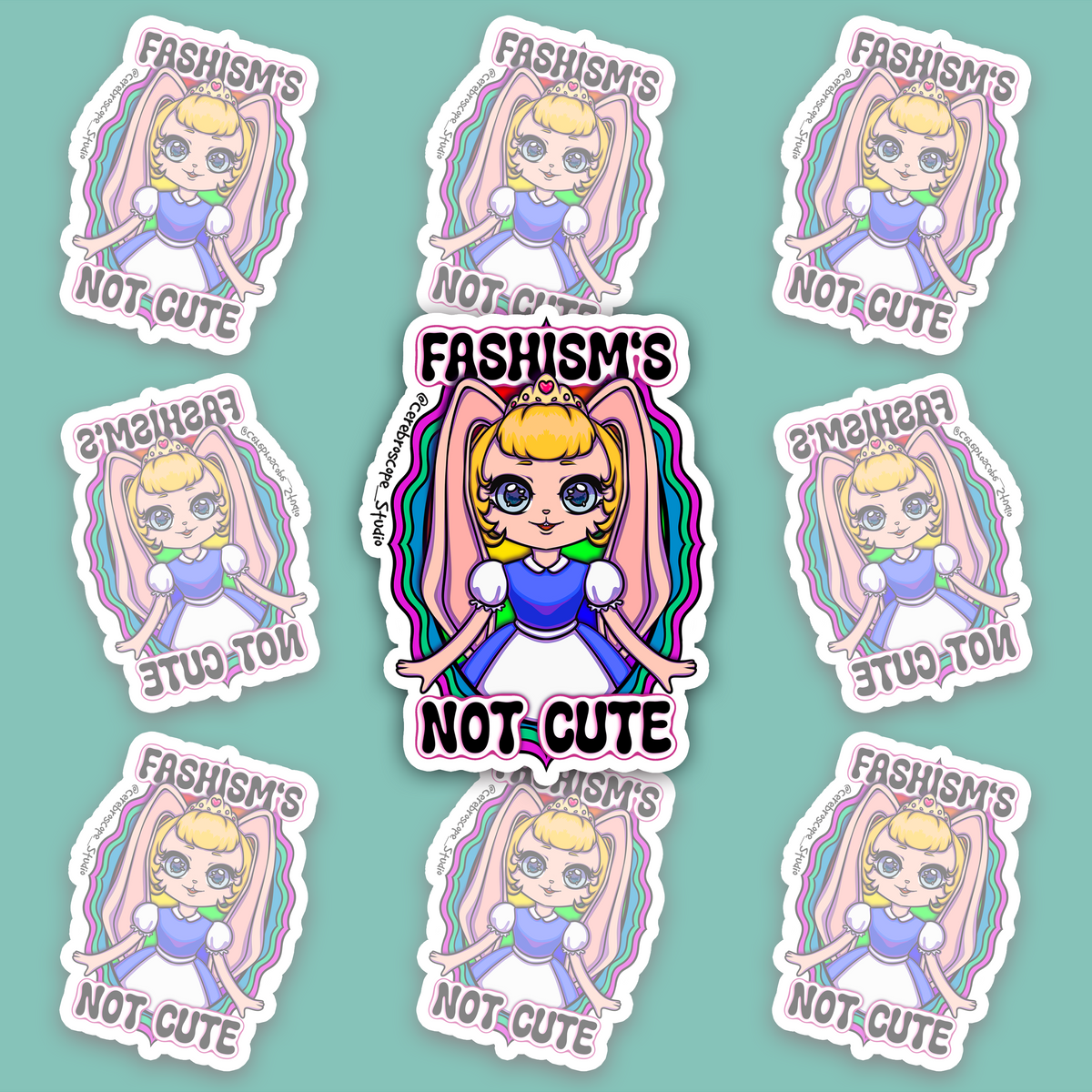 Pastel fantasy character framed by pink, green and blue Polysexual Pride colors with the words Fascism’s Not Cute.