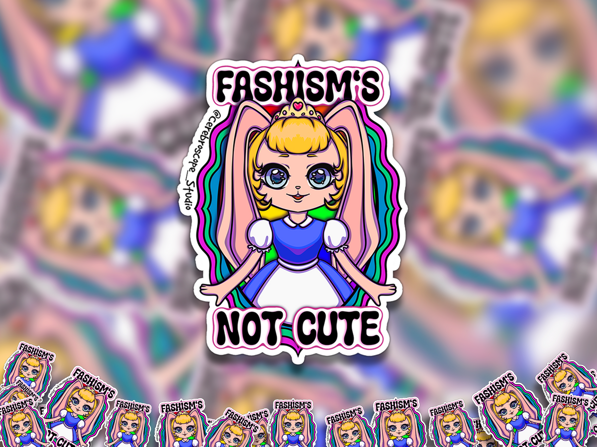 Alternate mockup 2: Pastel fantasy character framed by pink, green and blue Polysexual Pride colors with the words Fascism’s Not Cute.