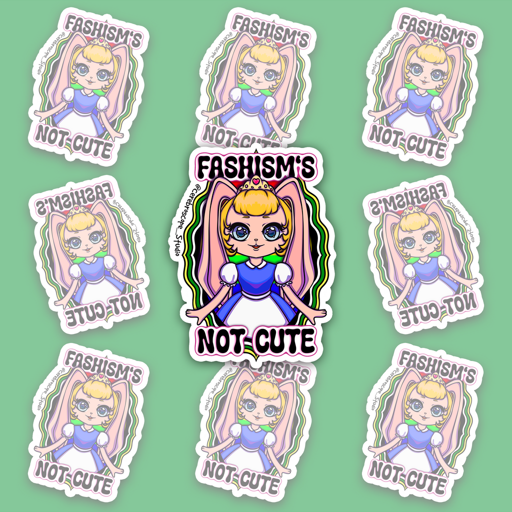 Pastel fantasy character framed by green, black, white and yellow Scolio Pride colors with the words Fascism’s Not Cute.