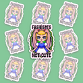 Pastel fantasy character framed by green, black, white and yellow Scolio Pride colors with the words Fascism’s Not Cute.