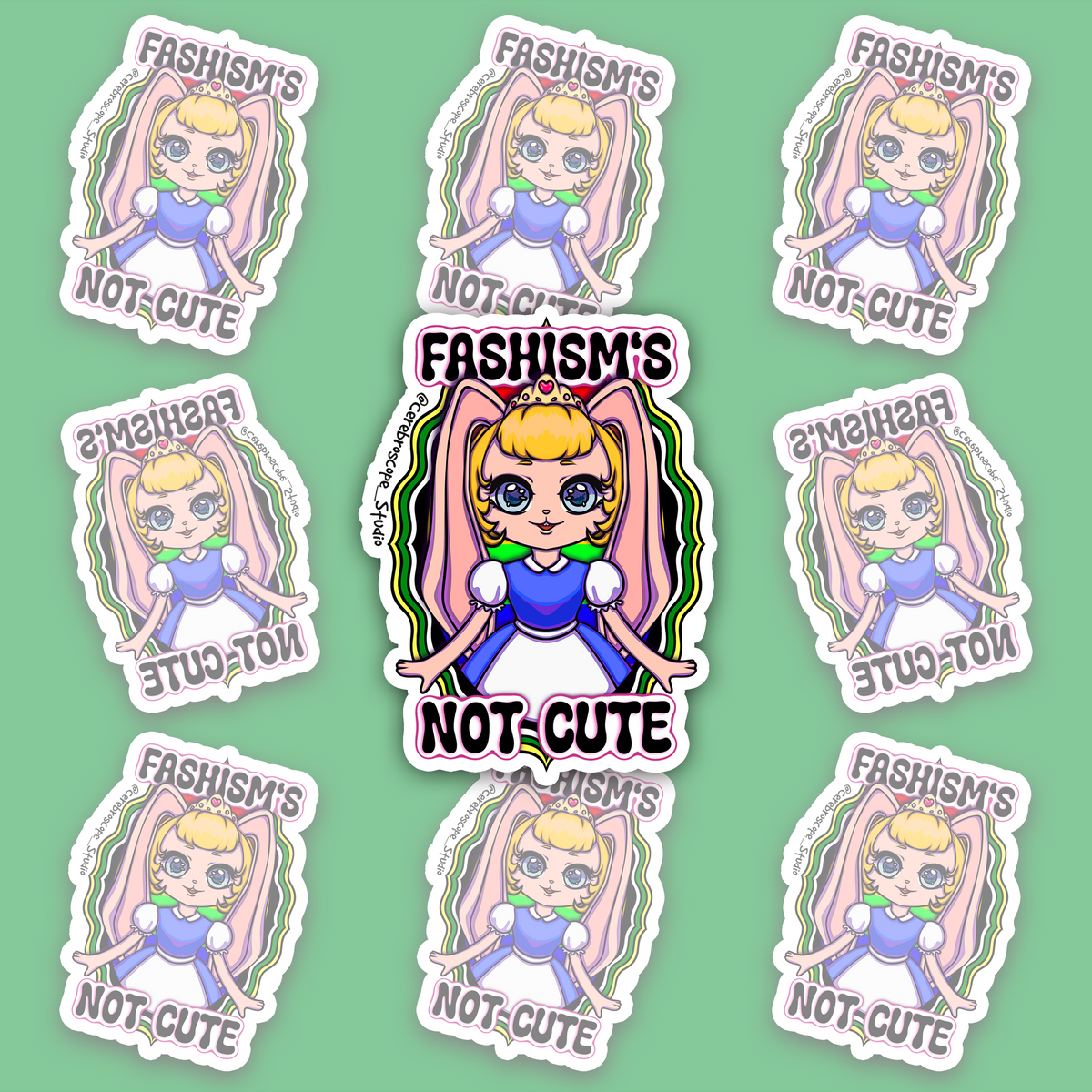 Pastel fantasy character framed by green, black, white and yellow Scolio Pride colors with the words Fascism’s Not Cute.