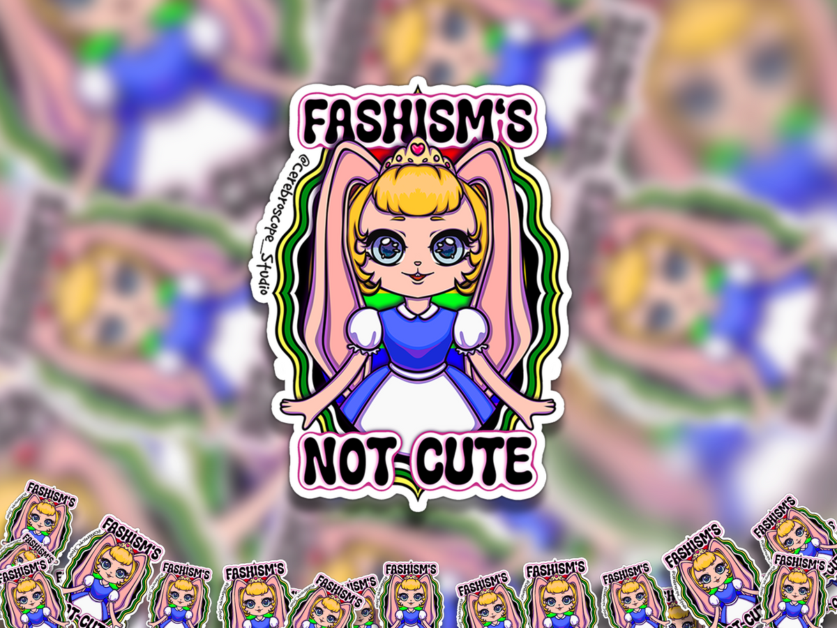 Alternate mockup 2: Pastel fantasy character framed by green, black, white and yellow Scolio Pride colors with the words Fascism’s Not Cute.