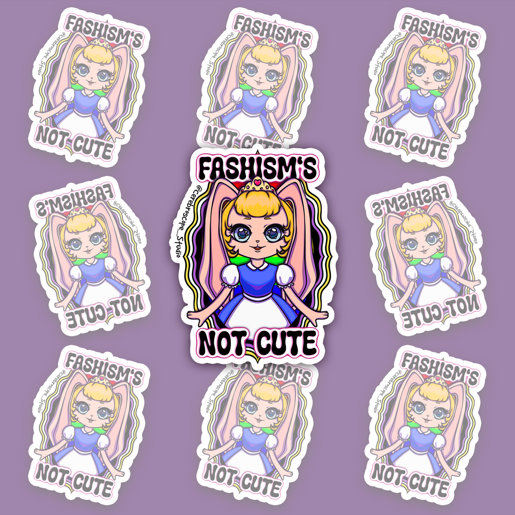 Pastel fantasy character framed by yellow, white, purple and black Non-Binary Pride colors with the words Fascism’s Not Cute.