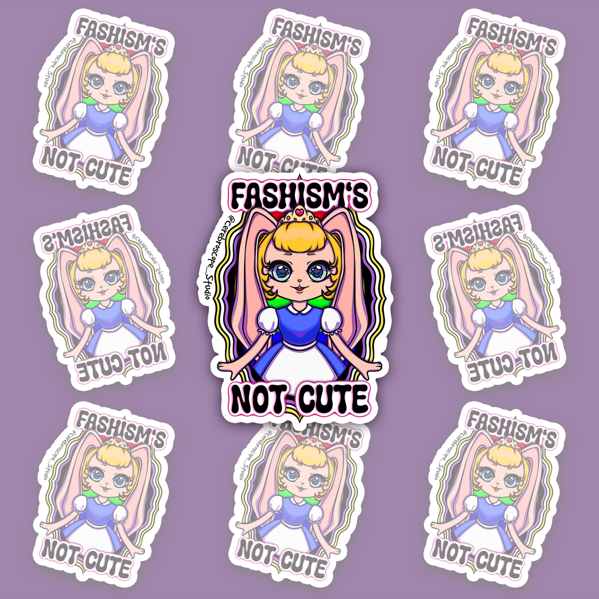 Pastel fantasy character framed by yellow, white, purple and black Non-Binary Pride colors with the words Fascism’s Not Cute.