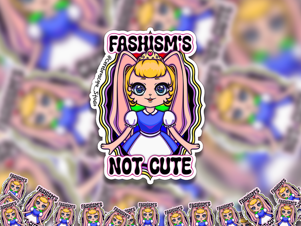 Alternate mockup 2: Pastel fantasy character framed by yellow, white, purple and black Non-Binary Pride colors with the words Fascism’s Not Cute.