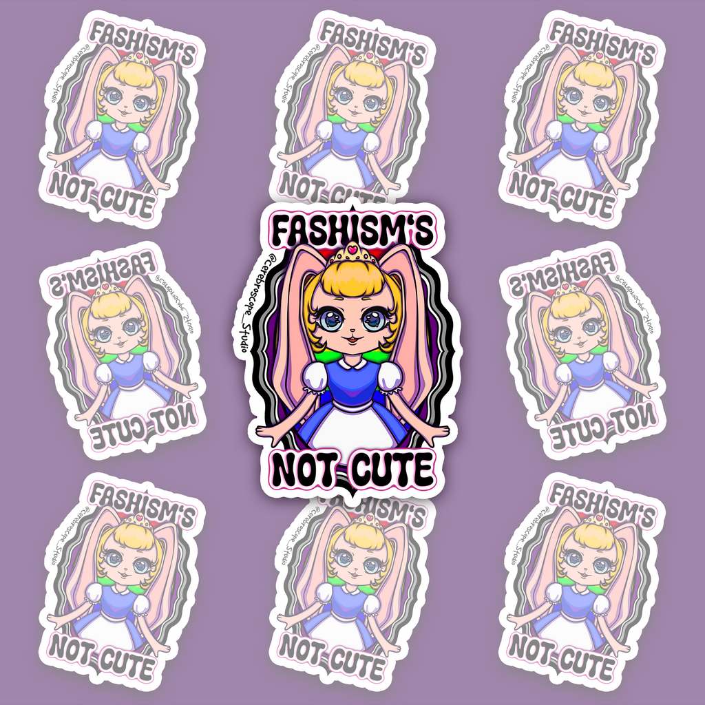 Pastel fantasy character framed by black, grey, white and purple Asexual Pride colors with the words Fascism’s Not Cute.