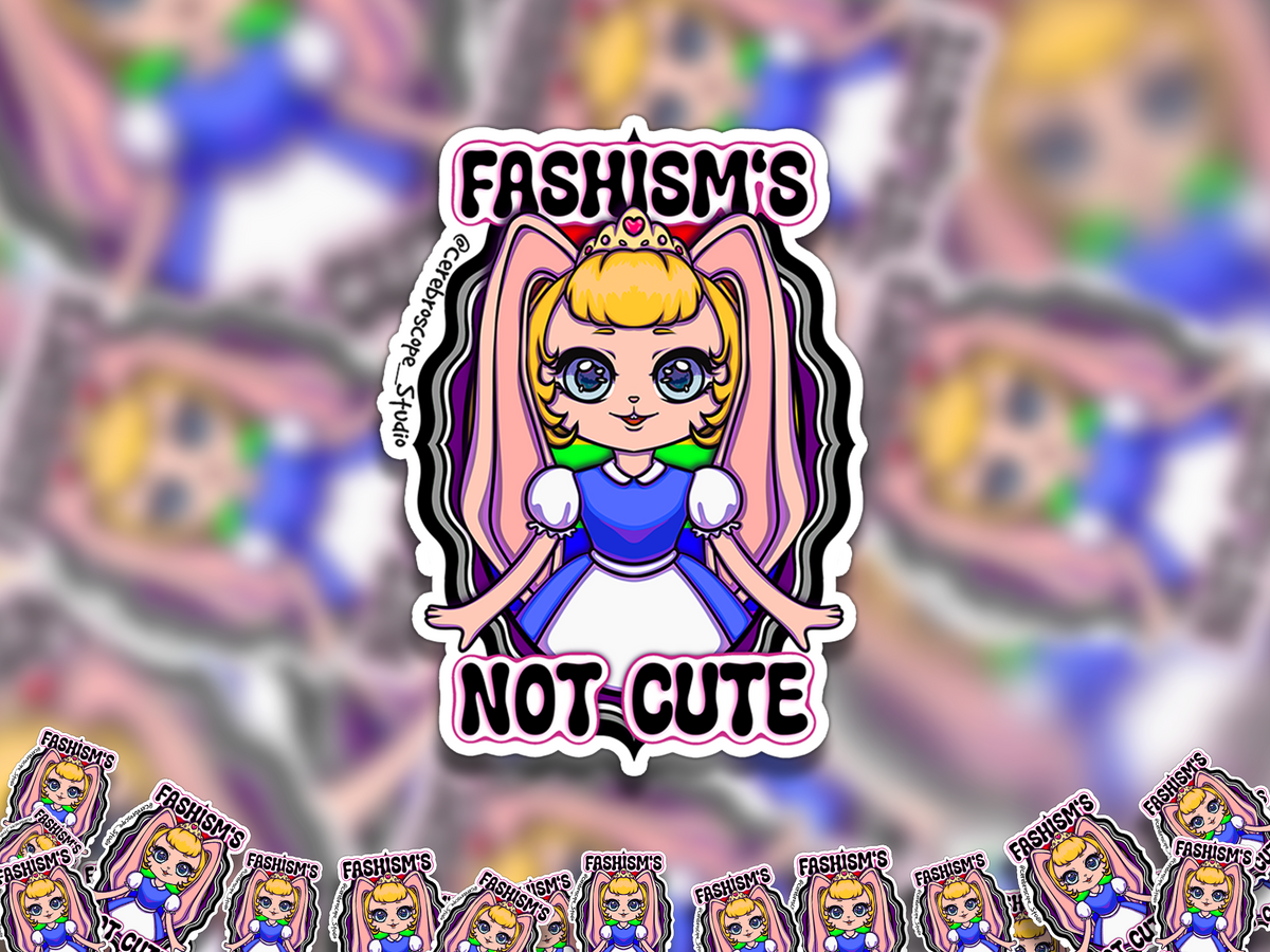 Alternate mockup 2: Pastel fantasy character framed by black, grey, white and purple Asexual Pride colors with the words Fascism’s Not Cute.