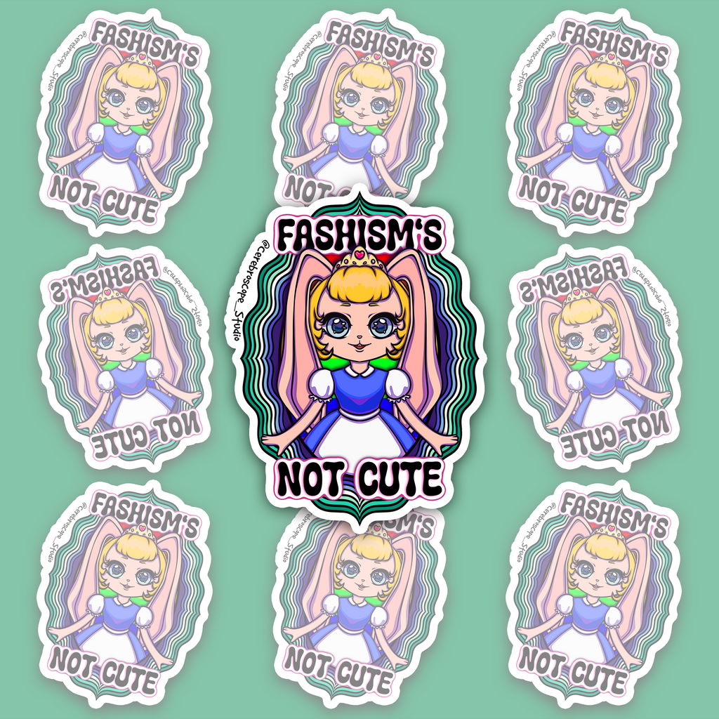 Pastel fantasy character framed by green, teal, blue and violet Gay Pride colors with the words Fascism’s Not Cute.