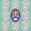Pastel fantasy character framed by green, teal, blue and violet Gay Pride colors with the words Fascism’s Not Cute.
