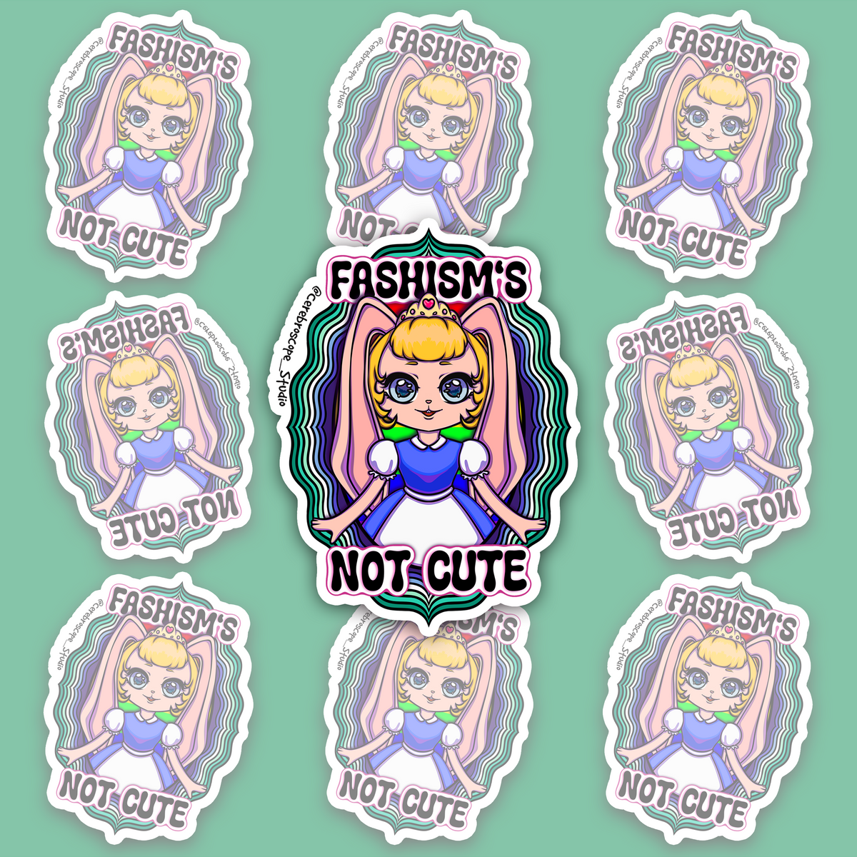 Pastel fantasy character framed by green, teal, blue and violet Gay Pride colors with the words Fascism’s Not Cute.