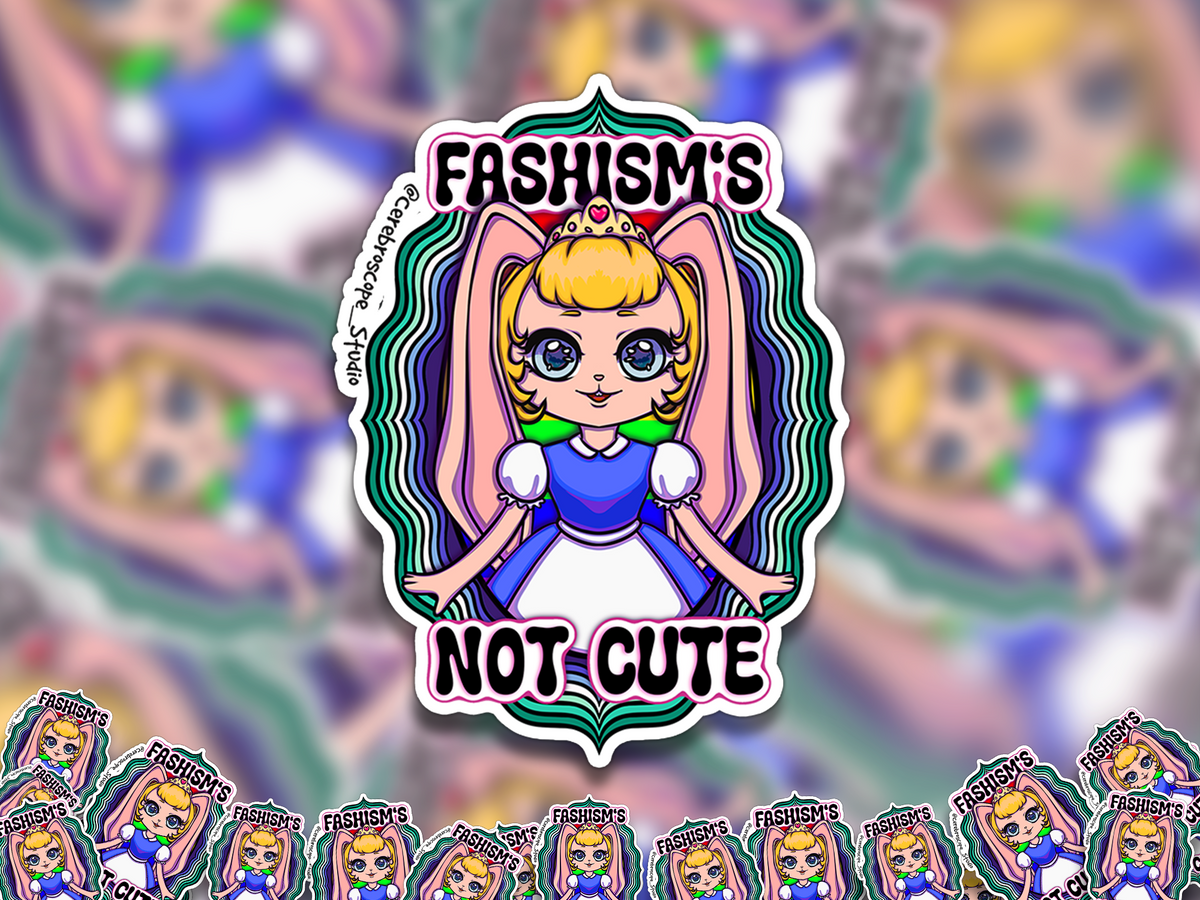 Alternate mockup 2: Pastel fantasy character framed by green, teal, blue and violet Gay Pride colors with the words Fascism’s Not Cute.
